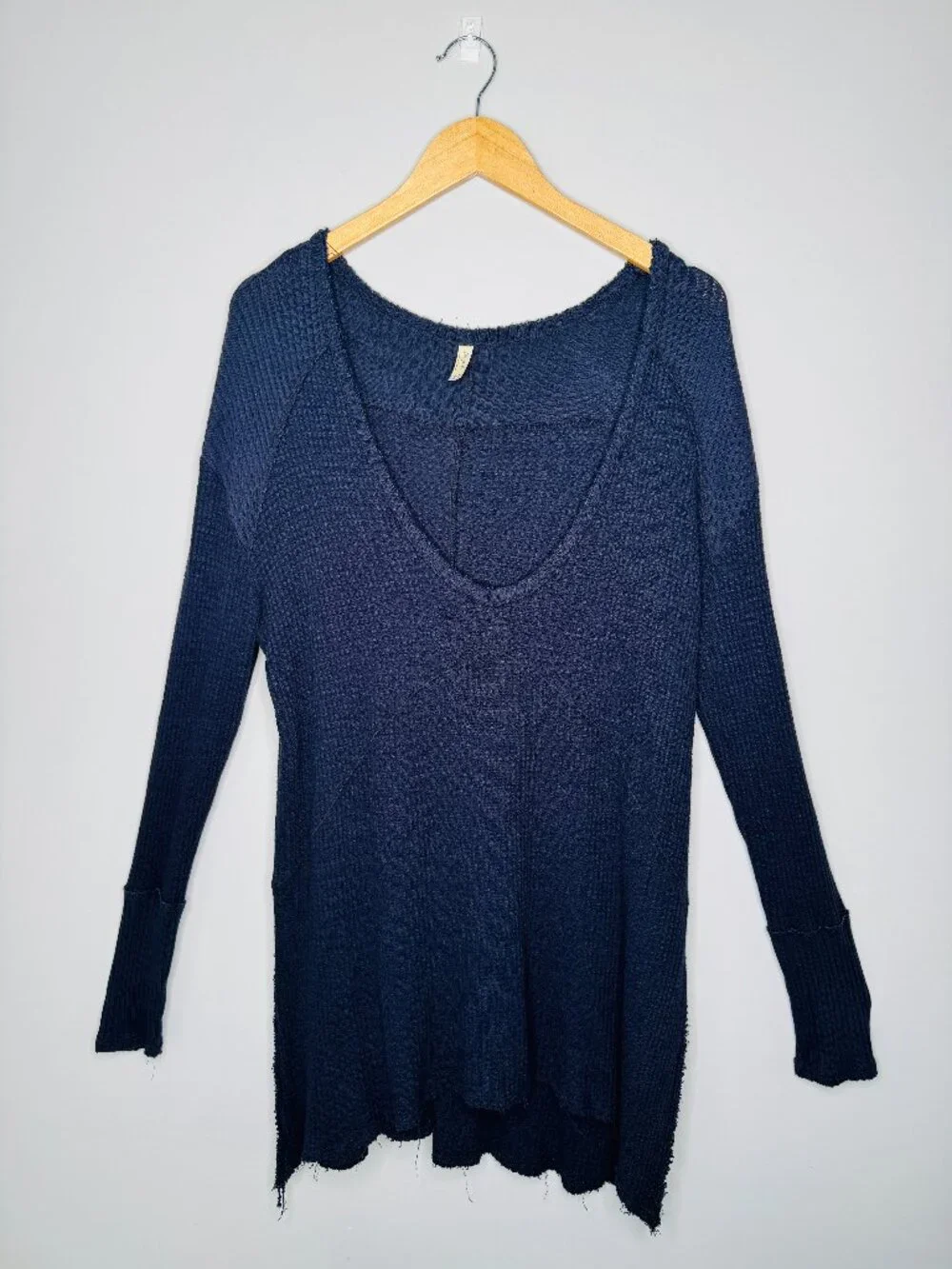 Free People Sunset Park Thermal Waffle Knit Tunic Womens L Wide Vneck Raw Edges